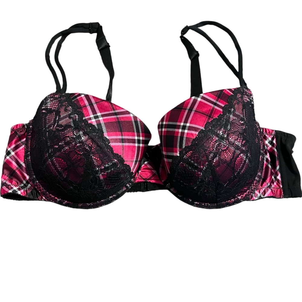 Cacique Plaid Lace Bra Sz 44D PINK BLACK